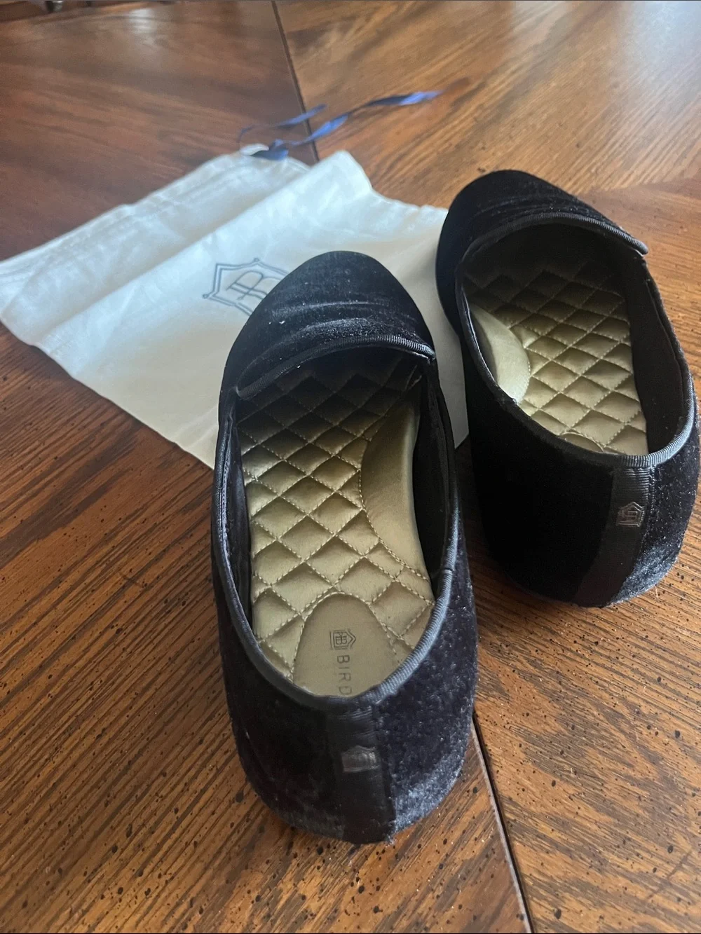 Birdies Black Velvet Quilted Insole Slip-On Loafers